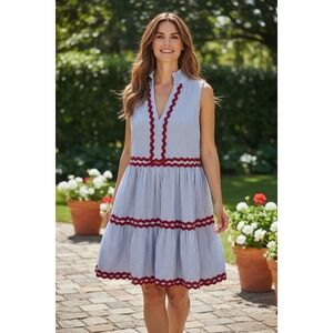 Entro Blue White Stripe Ruffle V Neck Tiered Dress Size M